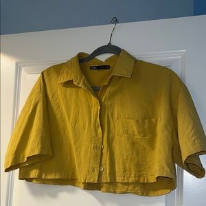 Zara Mustard Yellow Crop Button Down Blouse